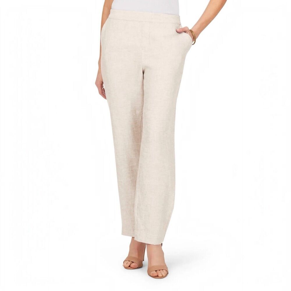 Foxcroft NYC Livingston Tan 100% Linen Pant Women Size 18W 30” Inseam Coastal